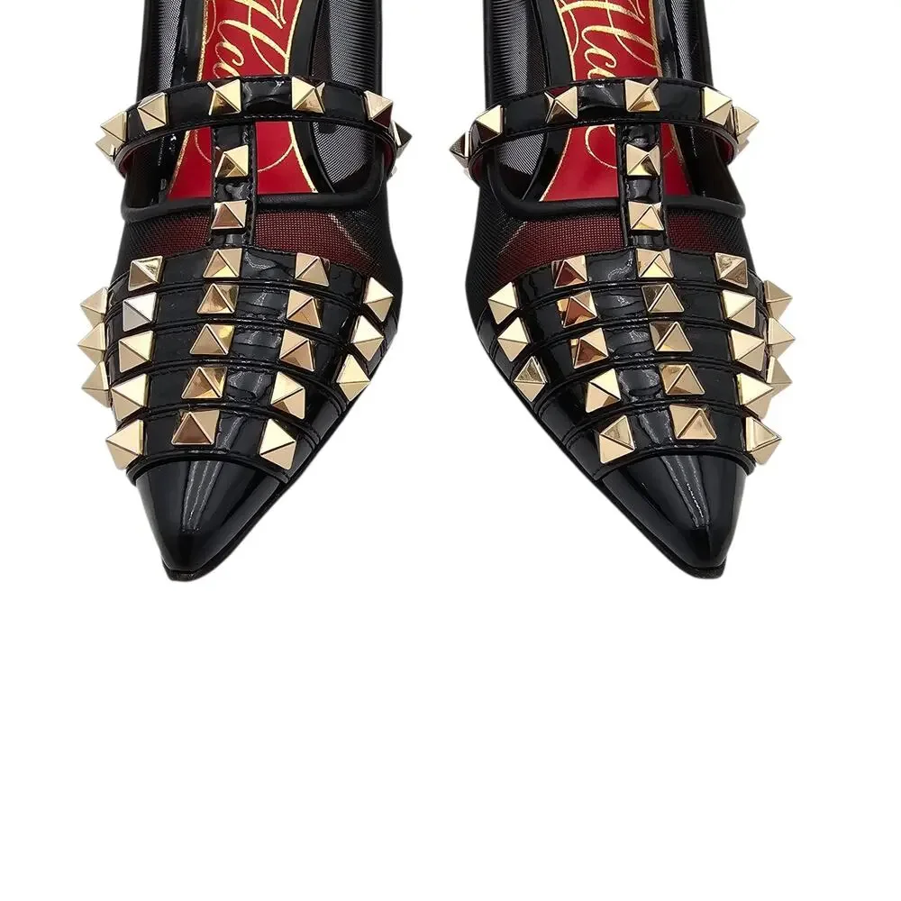 Valentino Garavani Rockstud Alcove Black Patent Leather Mesh Pump Heel Size 39 9
